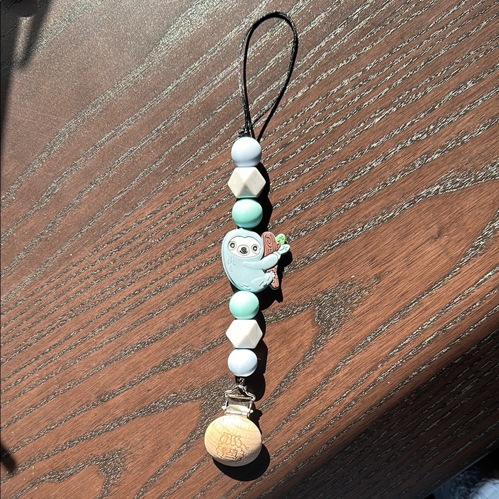 Adorable sloth pacifier  Clip - Mint and Natural Wood